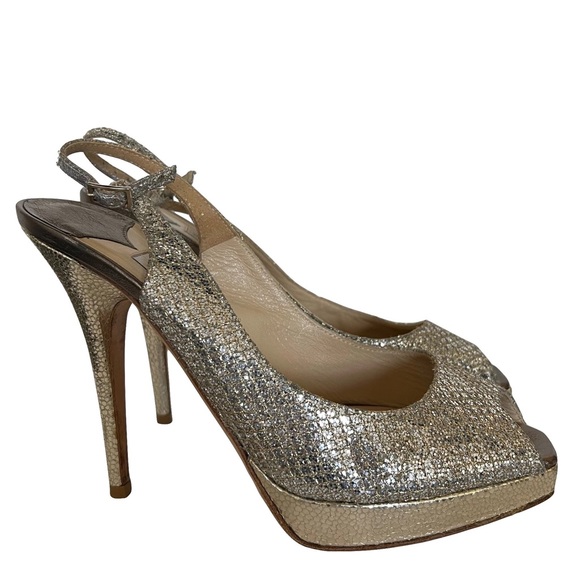 Jimmy Choo Leather Glitter Open Toe Sling Back Heels Champagne Gold Size 38.5 - Picture 4 of 14